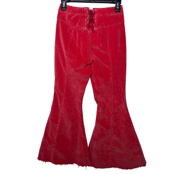 We The Free Twenty-Seven Red Corduroy Wide Flare Pants Lace-Up Back Frayed Hem - Picture 3 of 14